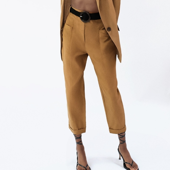 Zara Pants - NWT ZARA Tan Rustic Slim Linen Blend Belted Trousers XS